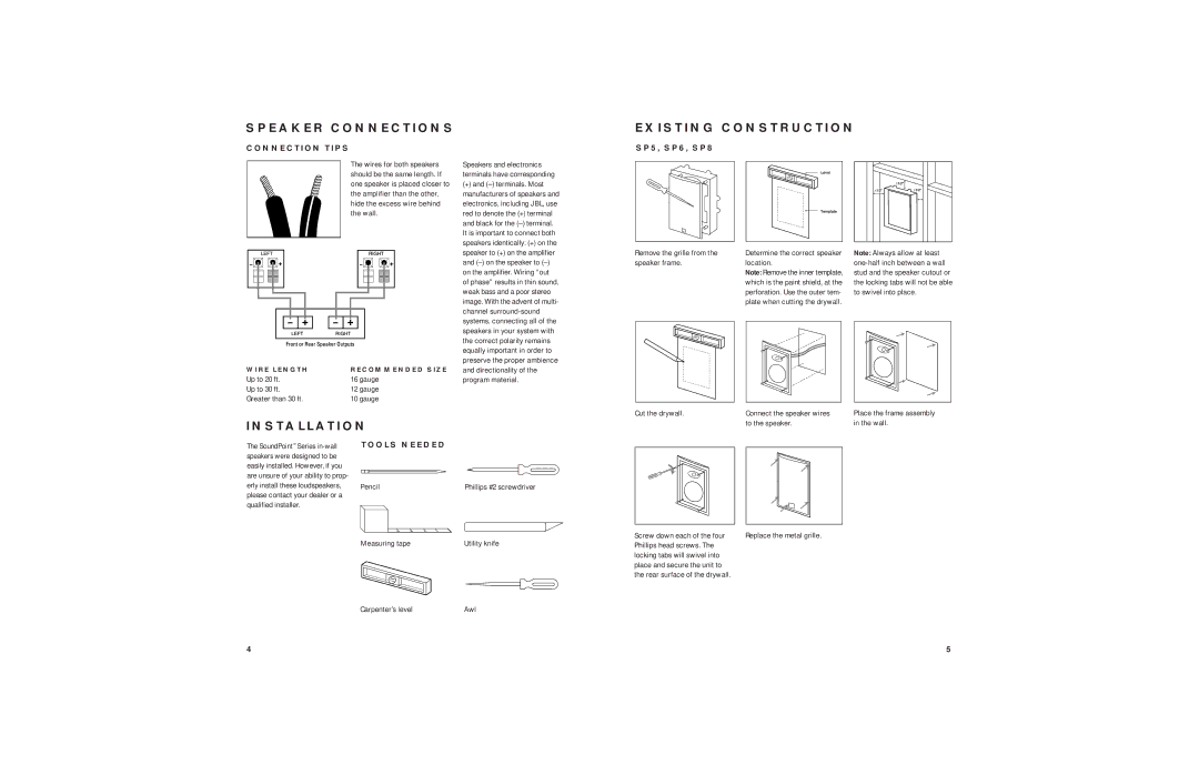 JBL 6C, 8C specifications Speaker Connections Existing Construction, Installation, Connection Tips, Tools Needed 