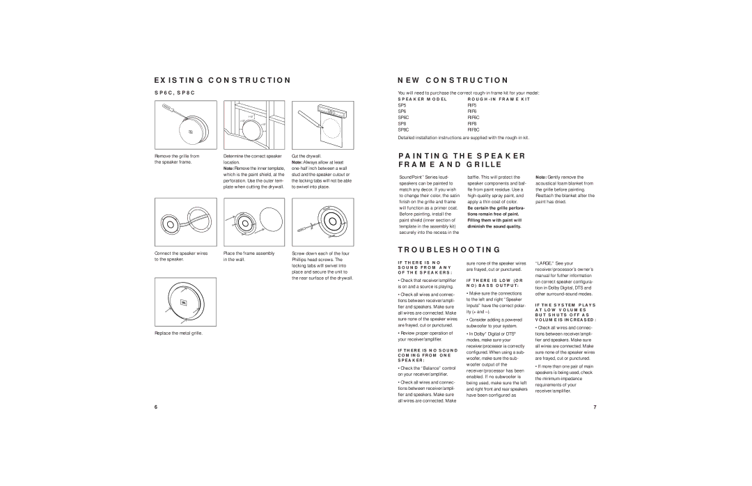 JBL 8C, 6C specifications Existing Construction NEW Construction, Painting the Speaker Frame and Grille, Troubleshooting 