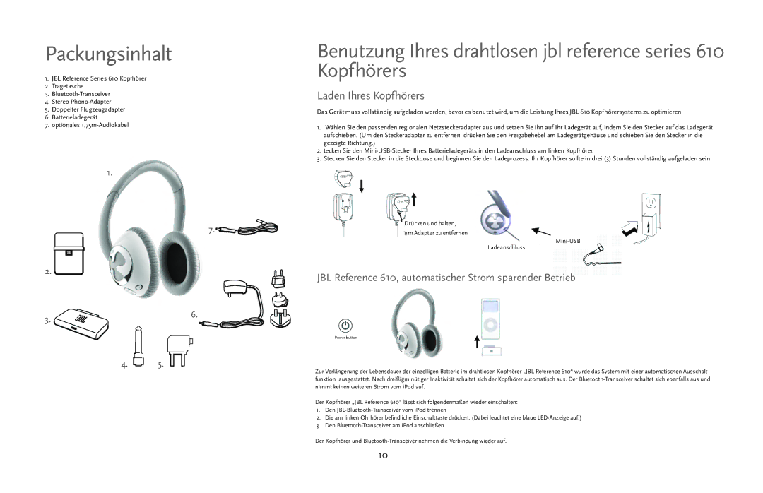 JBL manual Laden Ihres Kopfhörers, JBL Reference 610, automatischer Strom sparender Betrieb, Drücken und halten 