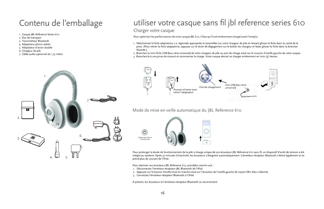 JBL 610 manual Charger votre casque, Mode de mise en veille automatique du JBL Reference, Universel 