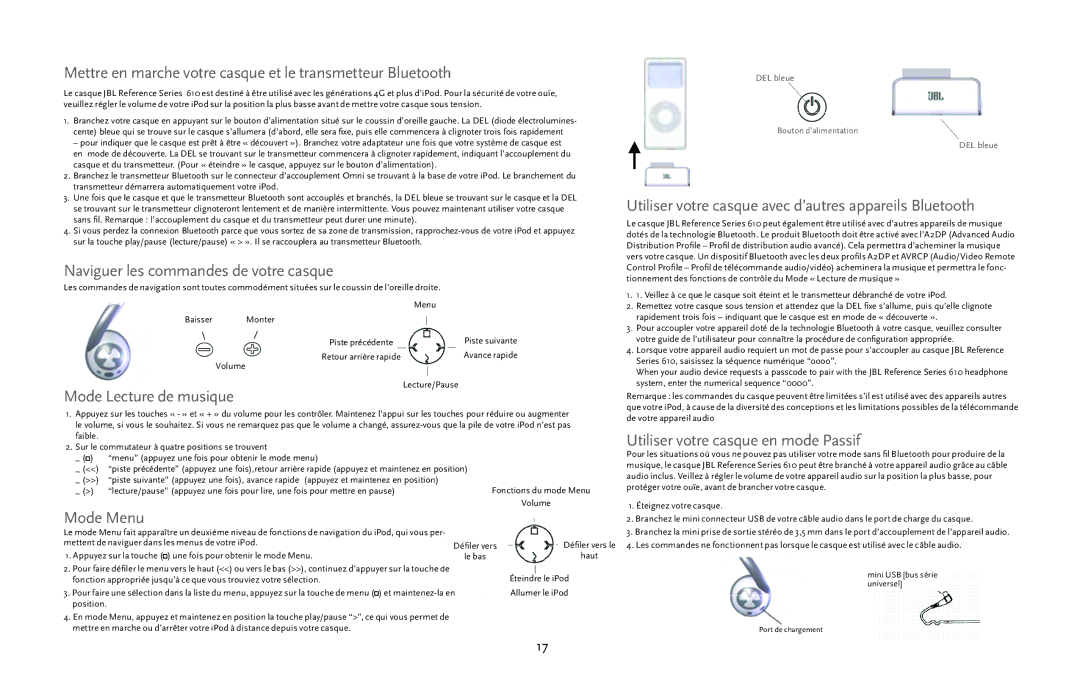 JBL 610 manual Mettre en marche votre casque et le transmetteur Bluetooth, Naviguer les commandes de votre casque 