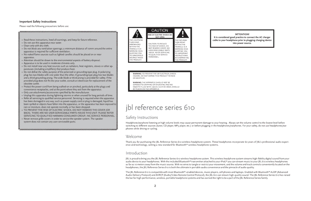 JBL 610 manual Safety Instructions, Welcome, Introduction 