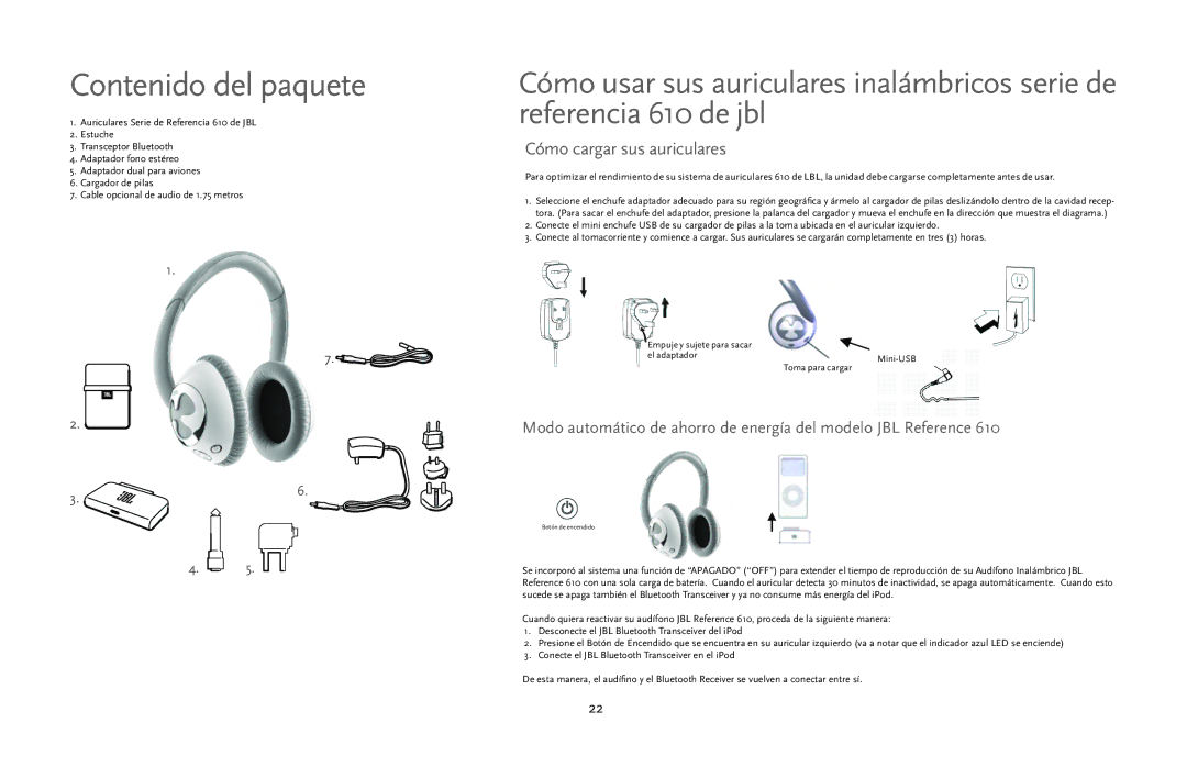 JBL 610 manual Cómo cargar sus auriculares, Toma para cargar 