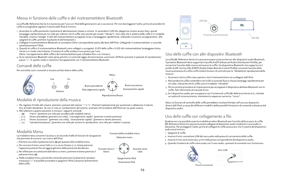 JBL 610 manual Comandi delle cuffie, Modalità di riproduzione della musica, Modalità Menu 