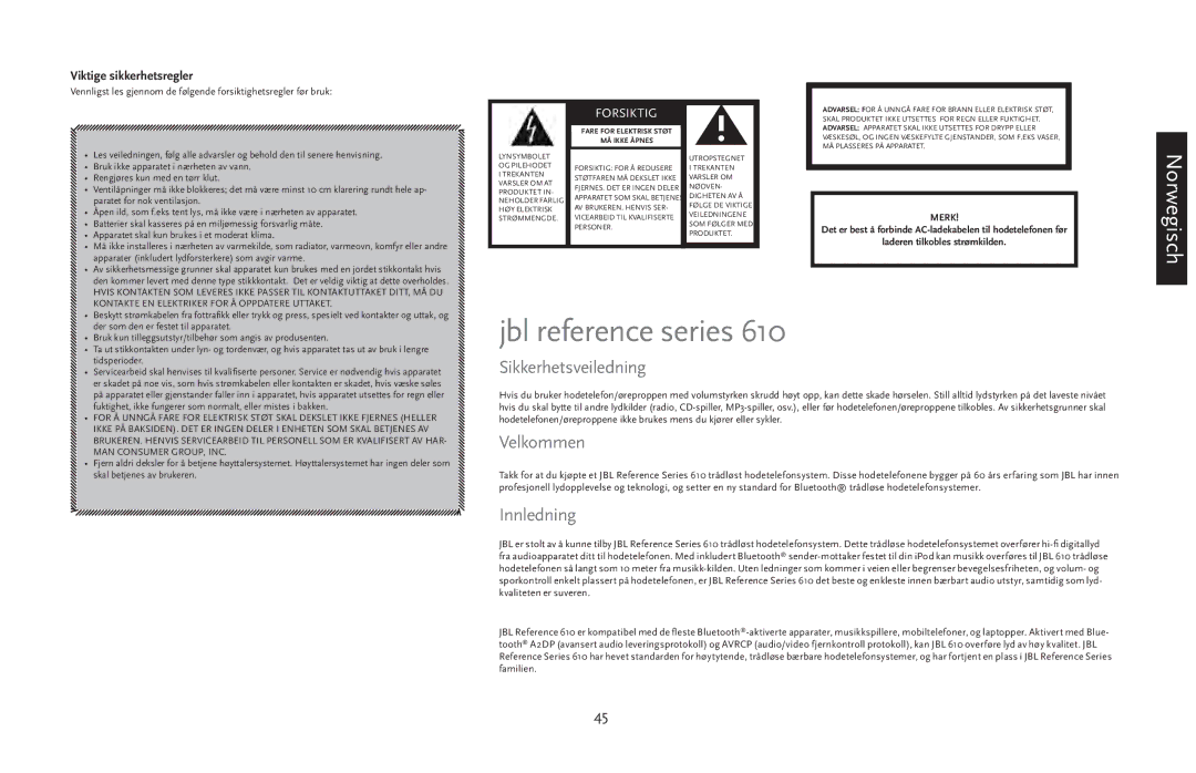 JBL 610 manual Sikkerhetsveiledning, Velkommen, Innledning 