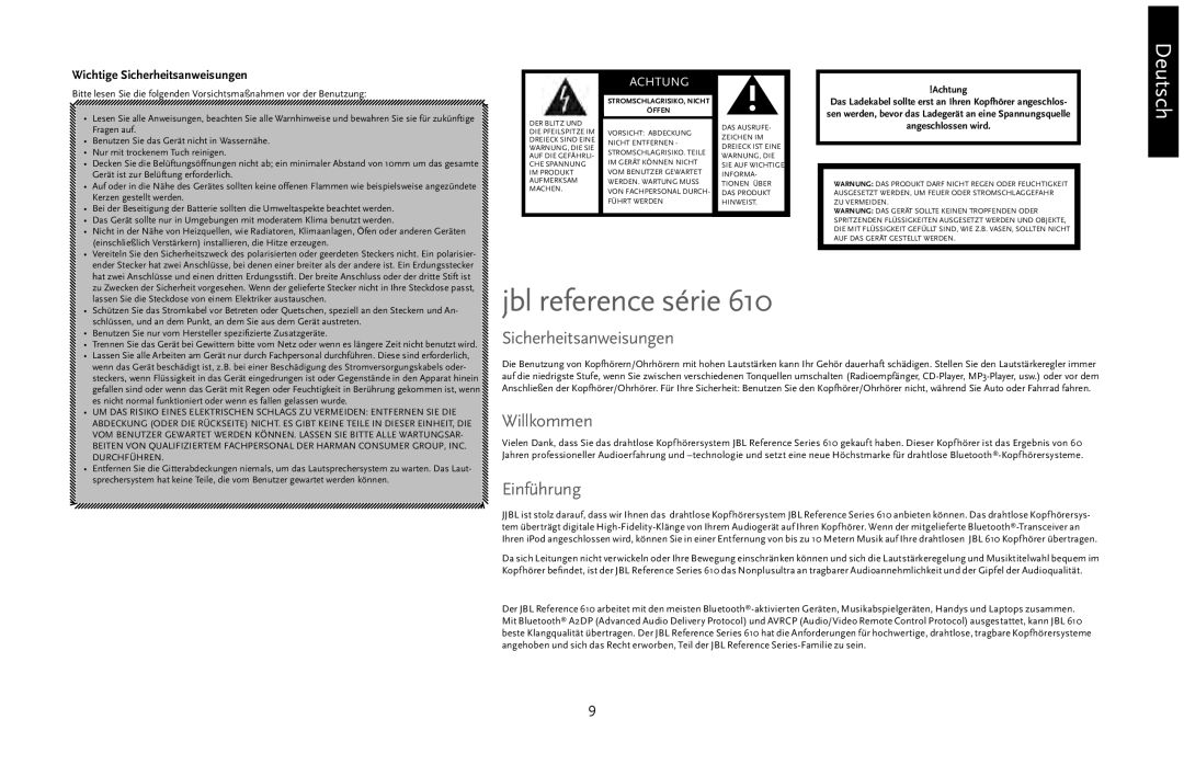 JBL 610 manual Sicherheitsanweisungen, Willkommen, Einführung 