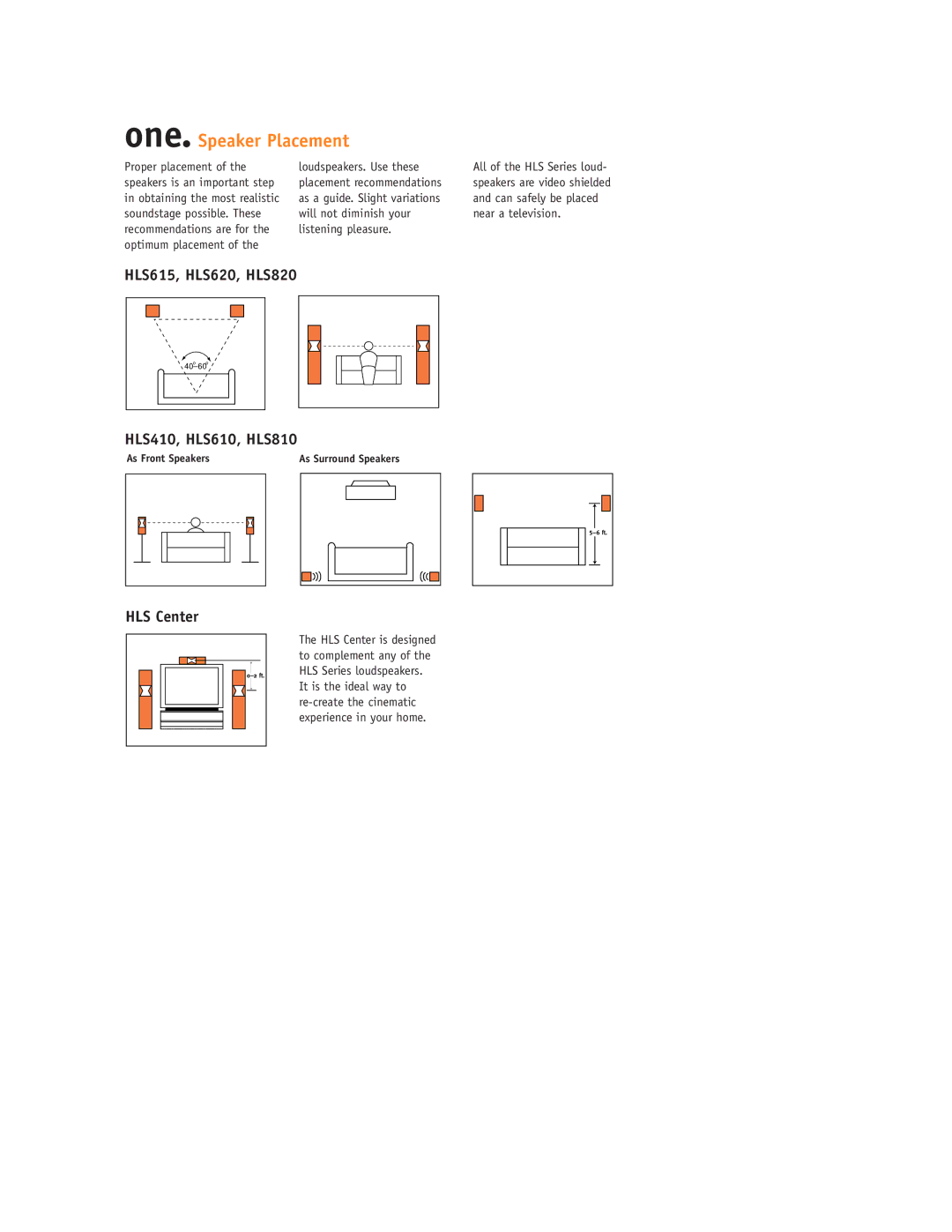 JBL setup guide One. Speaker Placement, HLS615, HLS620, HLS820 HLS410, HLS610, HLS810, HLS Center 