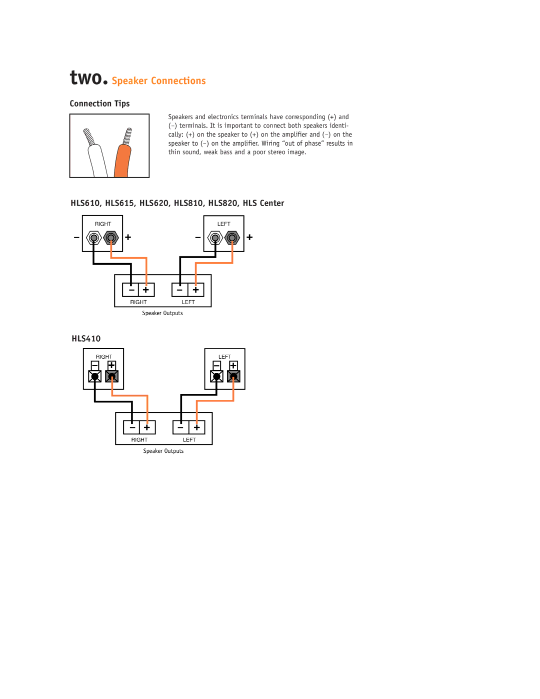 JBL HLS410 setup guide Two. Speaker Connections, Connection Tips, HLS610, HLS615, HLS620, HLS810, HLS820, HLS Center 