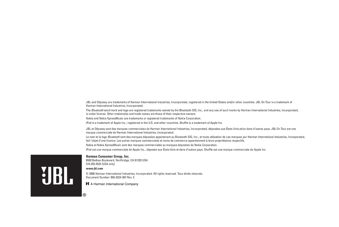 JBL 950-0224-001 manual Harman Consumer Group, Inc 