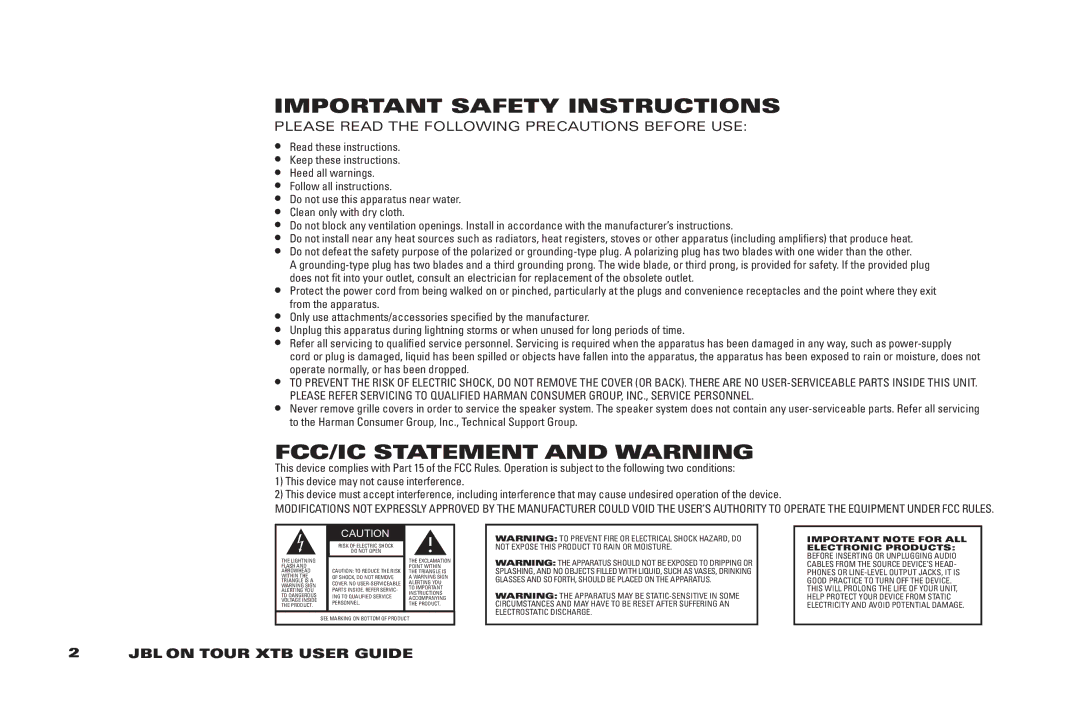 JBL 950-0224-001 manual Important Safety Instructions, FCC/IC Statement and Warning 