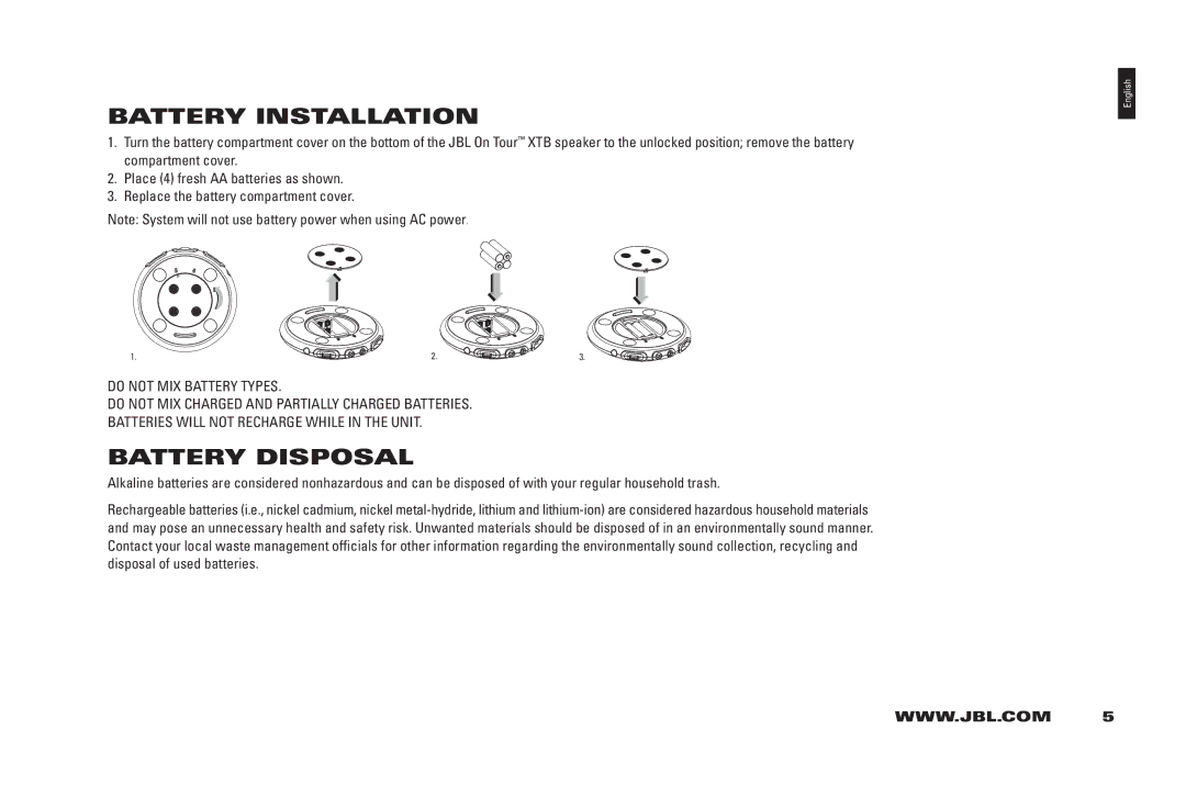 JBL 950-0224-001 manual Battery Installation, Battery Disposal 
