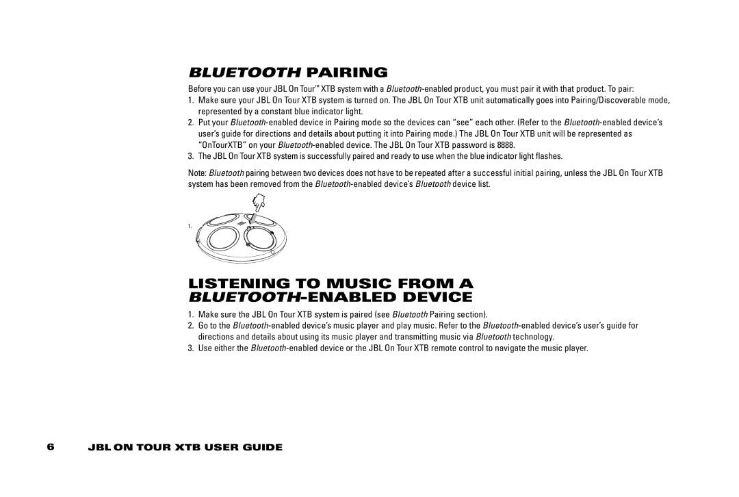 JBL 950-0224-001 manual Bluetooth Pairing, Listening to Music From a Bluetooth-Enabled Device 