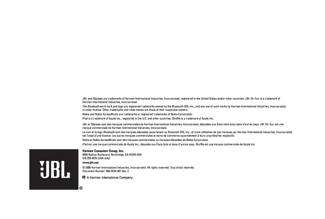 JBL 950-0224-001 manual Harman Consumer Group, Inc 