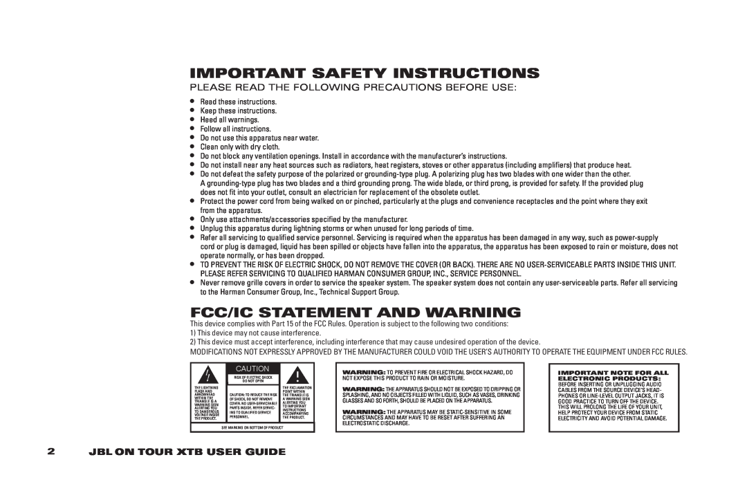 JBL 950-0224-001 manual Important Safety Instructions, FCC/IC Statement and Warning, jbl On TOUR XTB USER GUIDE 