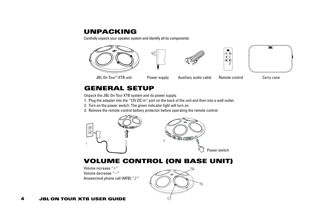 JBL 950-0224-001 manual Unpacking, General Setup, Volume Control on Base Unit, jbl On TOUR XTB USER GUIDE 