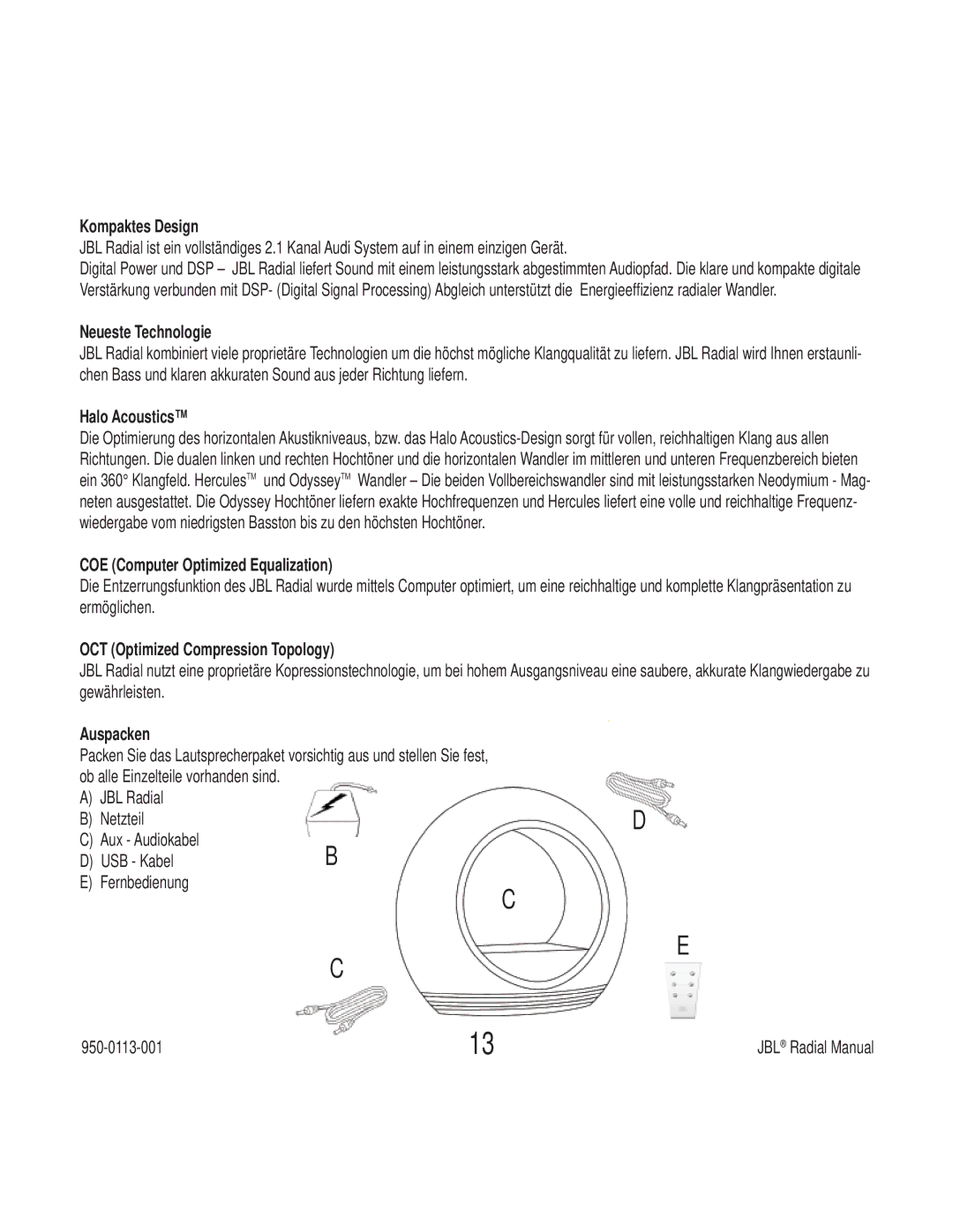 JBL 6950-0113-001, 9950-0113-001, 8950-0113-001 manual Kompaktes Design, Neueste Technologie, Halo Acoustics, Auspacken 