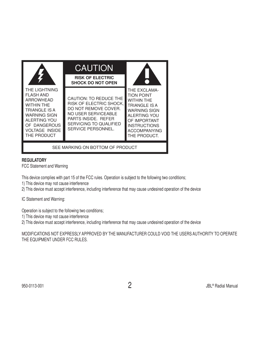 JBL 3950-0113-001, 9950-0113-001, 8950-0113-001, 7950-0113-001, 6950-0113-001 Regulatory, Risk of Electric Shock do not Open 