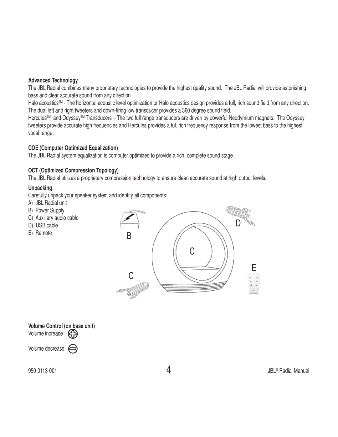 JBL 1950-0113-001 Advanced Technology, COE Computer Optimized Equalization, OCT Optimized Compression Topology, Unpacking 