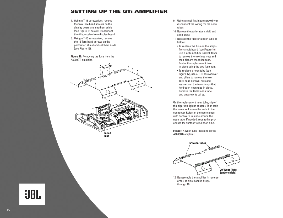 JBL A3000GTi, A6000GTi owner manual Failed Fuse, Place using the two fuse nuts, Neon Tubes 