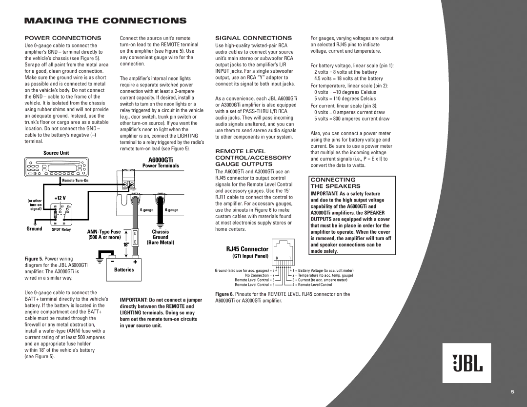 JBL A6000GTi, A3000GTi owner manual Making the Connections 