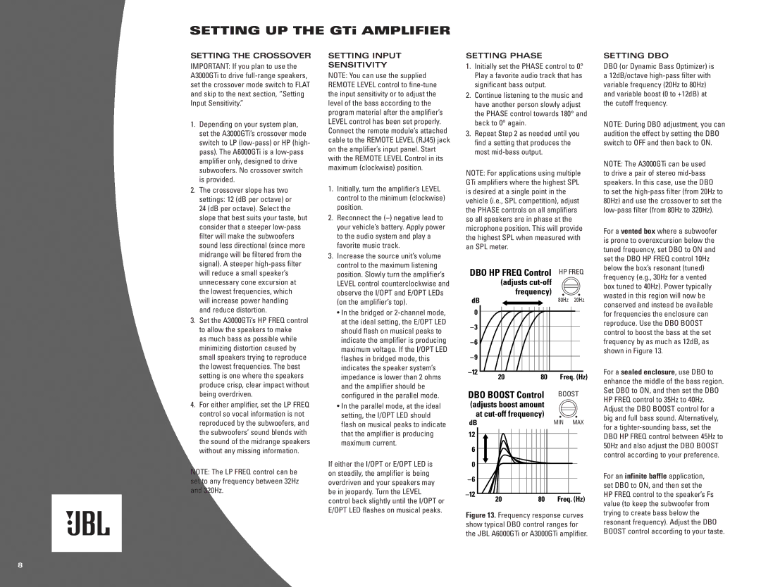 JBL A3000GTi Setting UP the GTi Amplifier, Setting the Crossover, Setting Input Sensitivity, Setting Phase, Setting DBO 