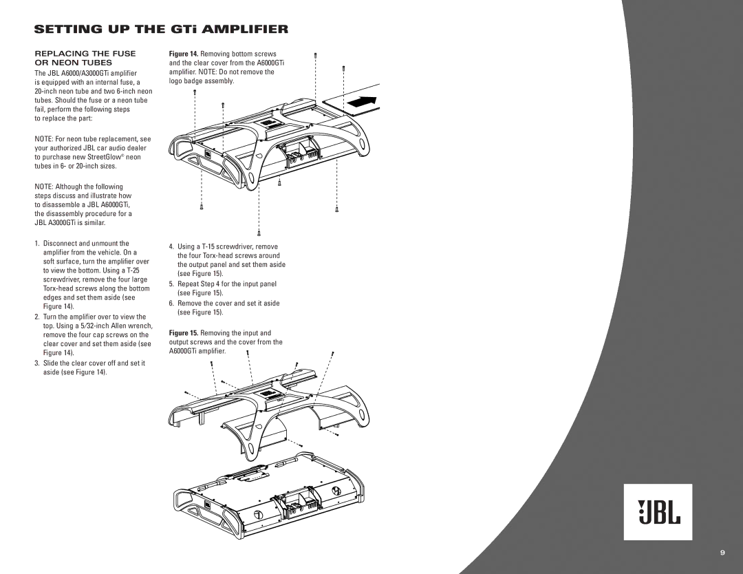 JBL A6000GTi, A3000GTi owner manual Replacing the Fuse or Neon Tubes 