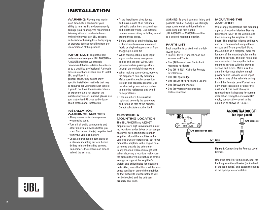 JBL A3000GTi owner manual Parts List, Mounting Amplifier, Installation Warnings and Tips, Choosing a Mounting Location 