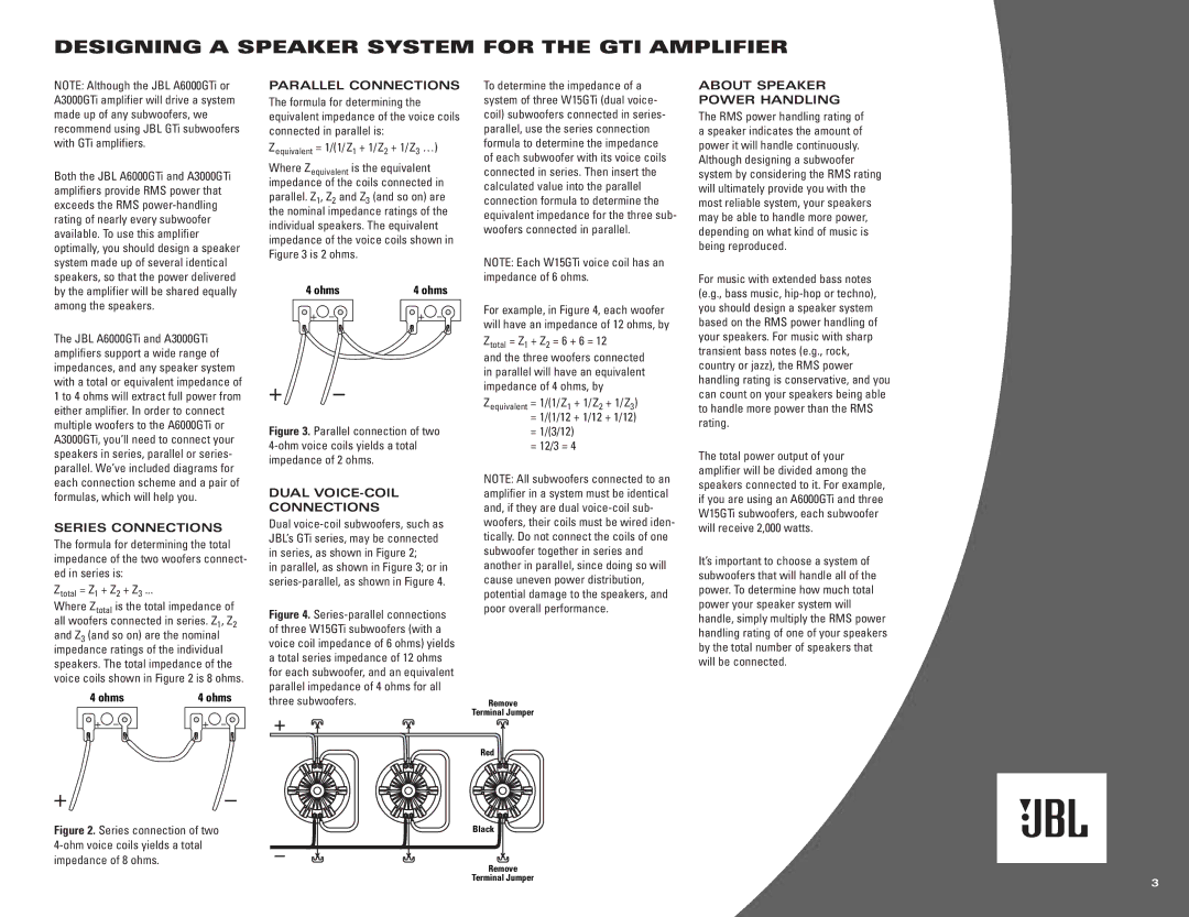 JBL A3000GTi owner manual Designing a Speaker System for the GTI Amplifier, Series Connections, Parallel Connections 