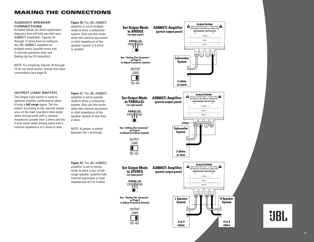 JBL A3000GTi owner manual To Bridge, A3000GTI Speaker Connections 