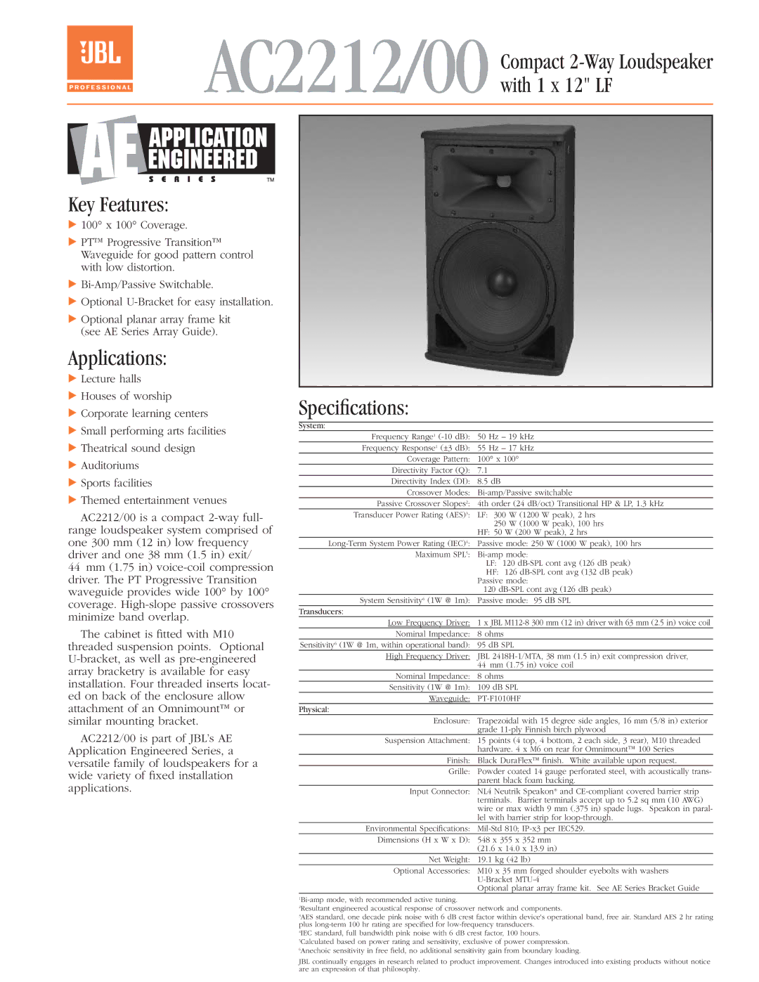 JBL AC2212/00 specifications Key Features, Applications, Speciﬁcations 