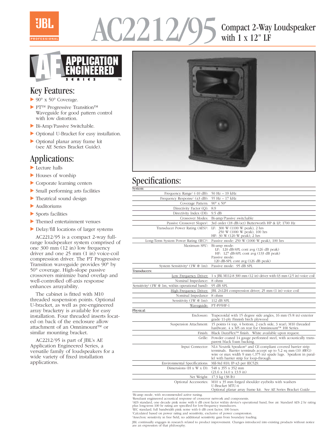 JBL AC2212/00 specifications AC2212/95 Compact 2-Way Loudspeaker with 1 x 12 LF 