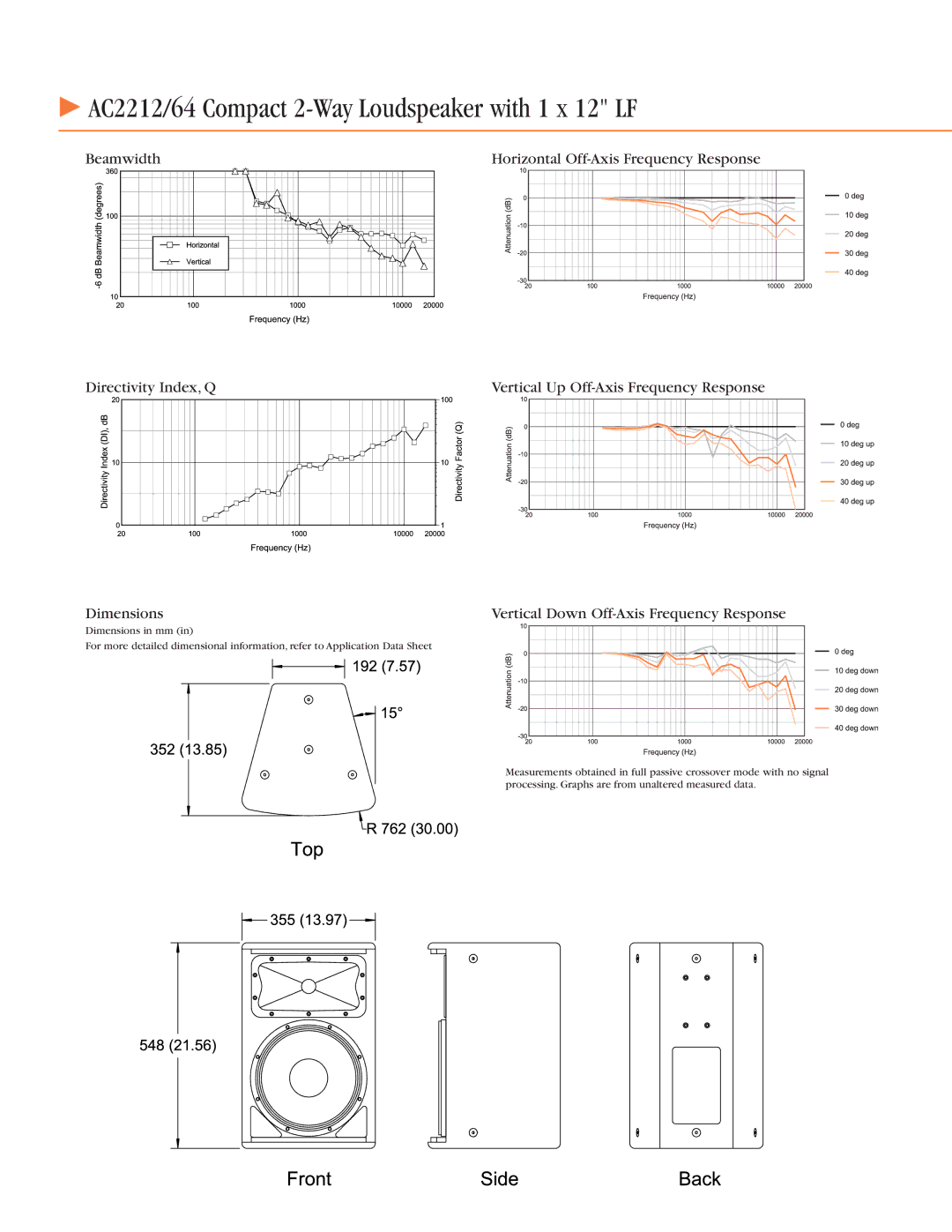 JBL AC2212/00 specifications AC2212/64 Compact 2-Way Loudspeaker with 1 x 12 LF 