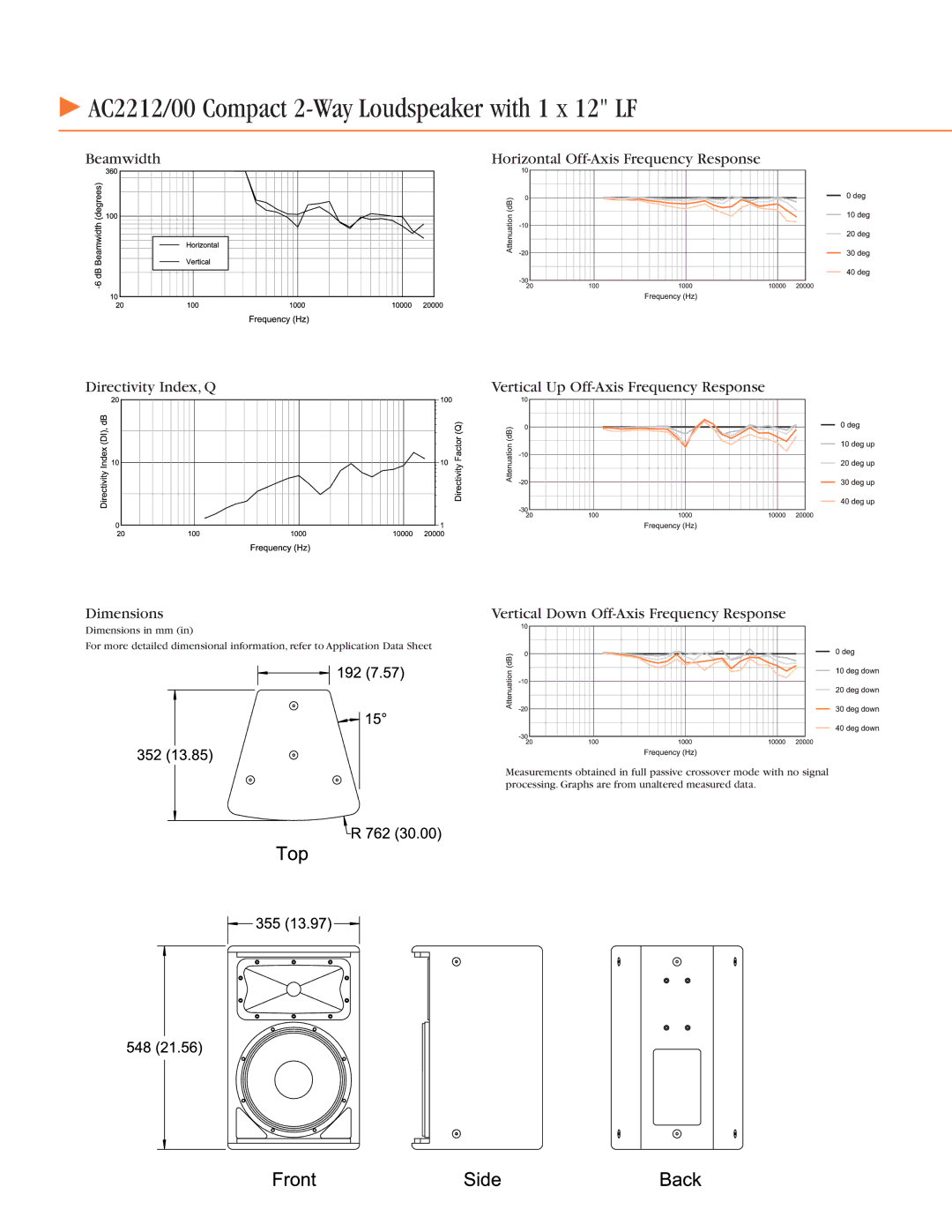 JBL specifications AC2212/00 Compact 2-Way Loudspeaker with 1 x 12 LF 