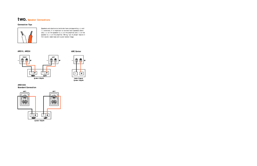 JBL ARC1000, ARC30, ARC CENTER setup guide Two. Speaker Connections, Speakers and electronics terminals have corresponding + 