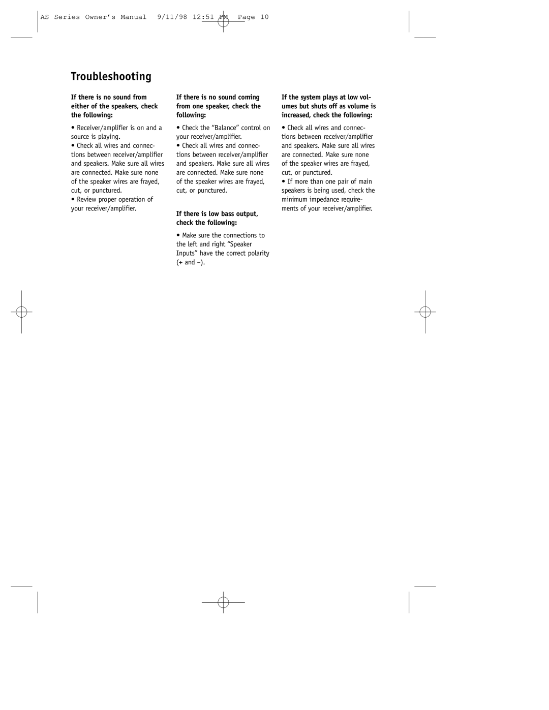 JBL AS8, AS65C, AS5, AS SUB setup guide Troubleshooting 