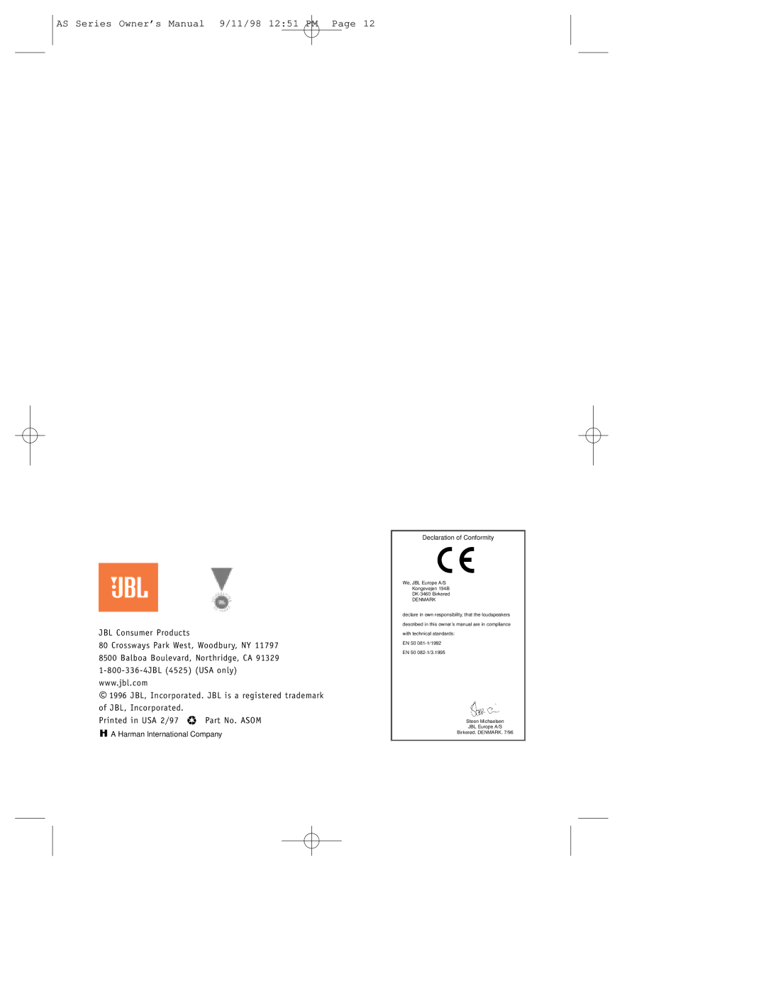 JBL AS5, AS8, AS65C, AS SUB setup guide Harman International Company 