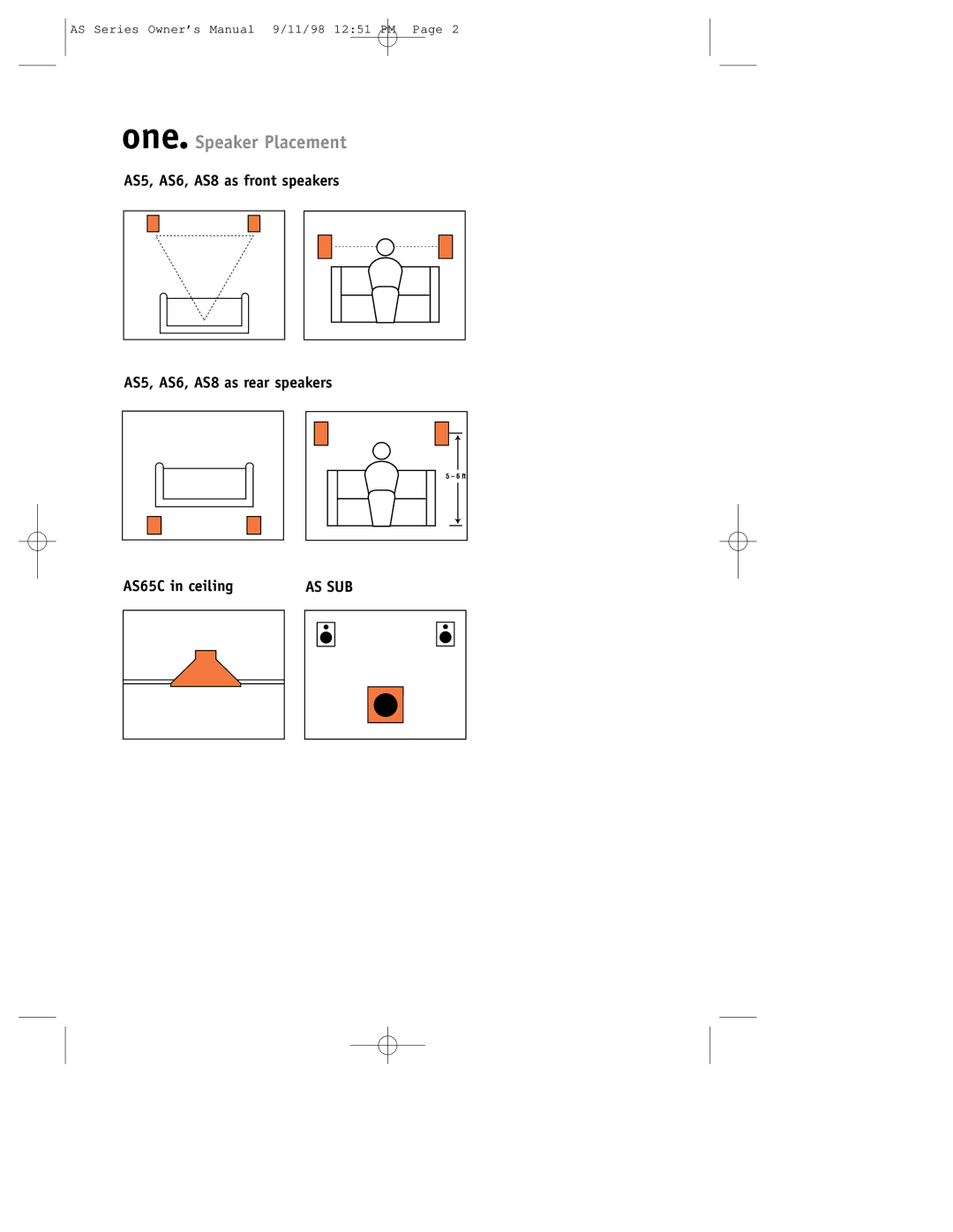 JBL AS5, AS8, AS65C, AS SUB setup guide One. Speaker Placement 