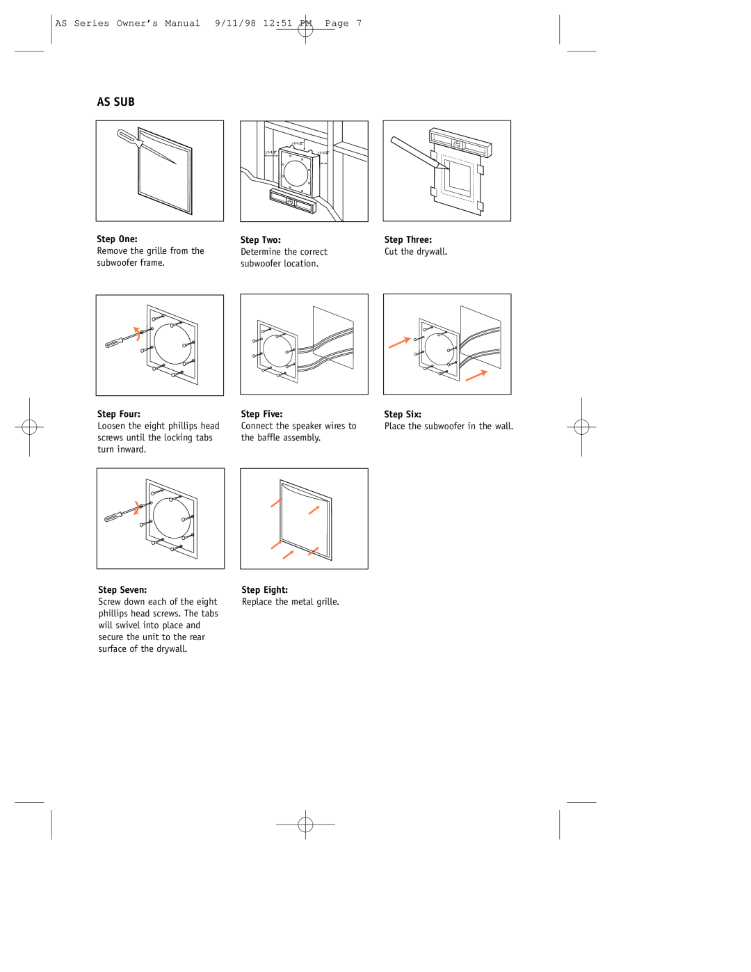 JBL AS5, AS8, AS65C, AS SUB setup guide Remove the grille from the subwoofer frame 