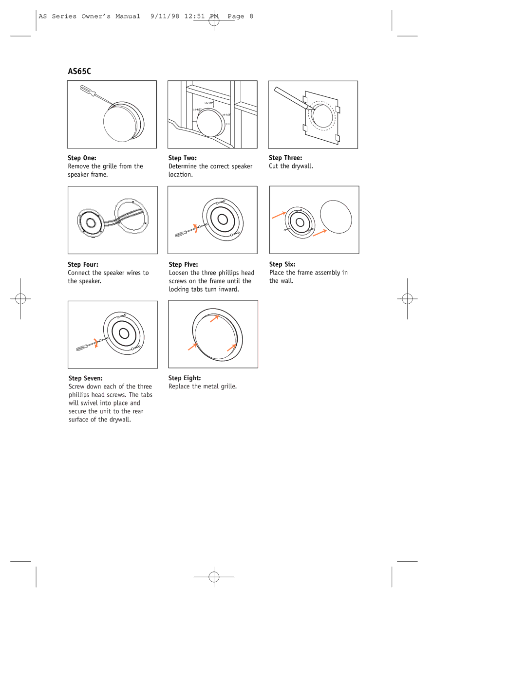 JBL AS8, AS65C, AS5, AS SUB setup guide Step Four Step Five Step Six, Step Seven Step Eight 