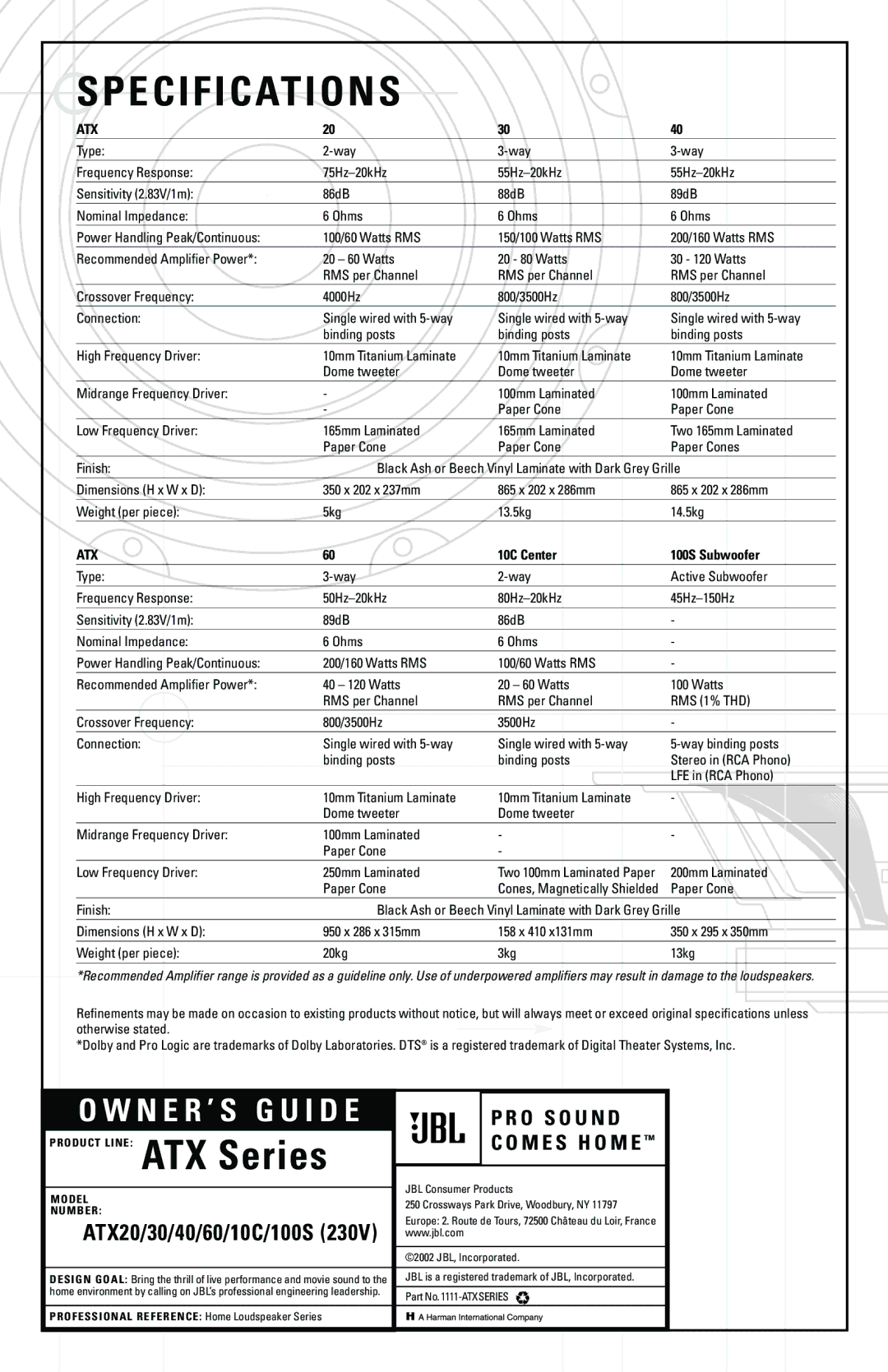JBL ATX100S, ATX60, ATX10C, ATX30, ATX40, ATX20 manual Specifications, 10C Center 100S Subwoofer 