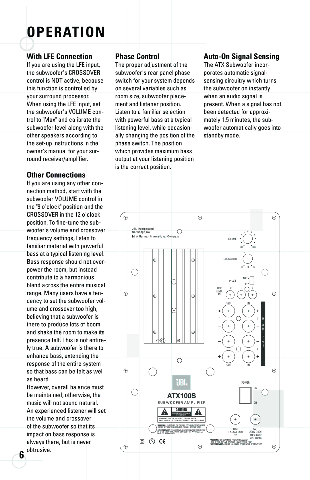 JBL ATX60, ATX10C, ATX30, ATX40, ATX100S, ATX20 With LFE Connection Phase Control, Other Connections, Auto-On Signal Sensing 