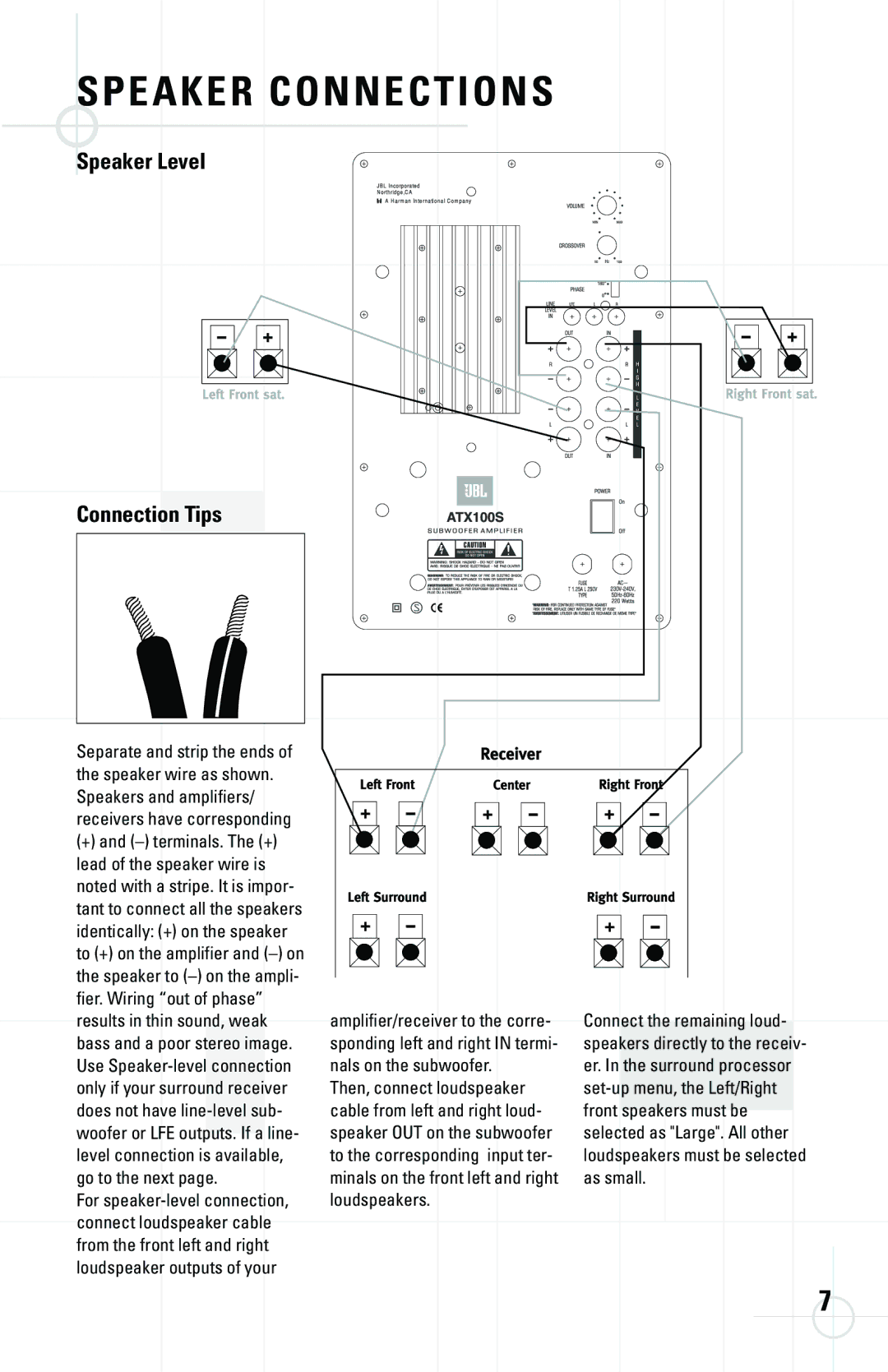 JBL ATX10C, ATX60, ATX30, ATX40, ATX100S, ATX20 manual Speaker Connections, Speaker Level Connection Tips 