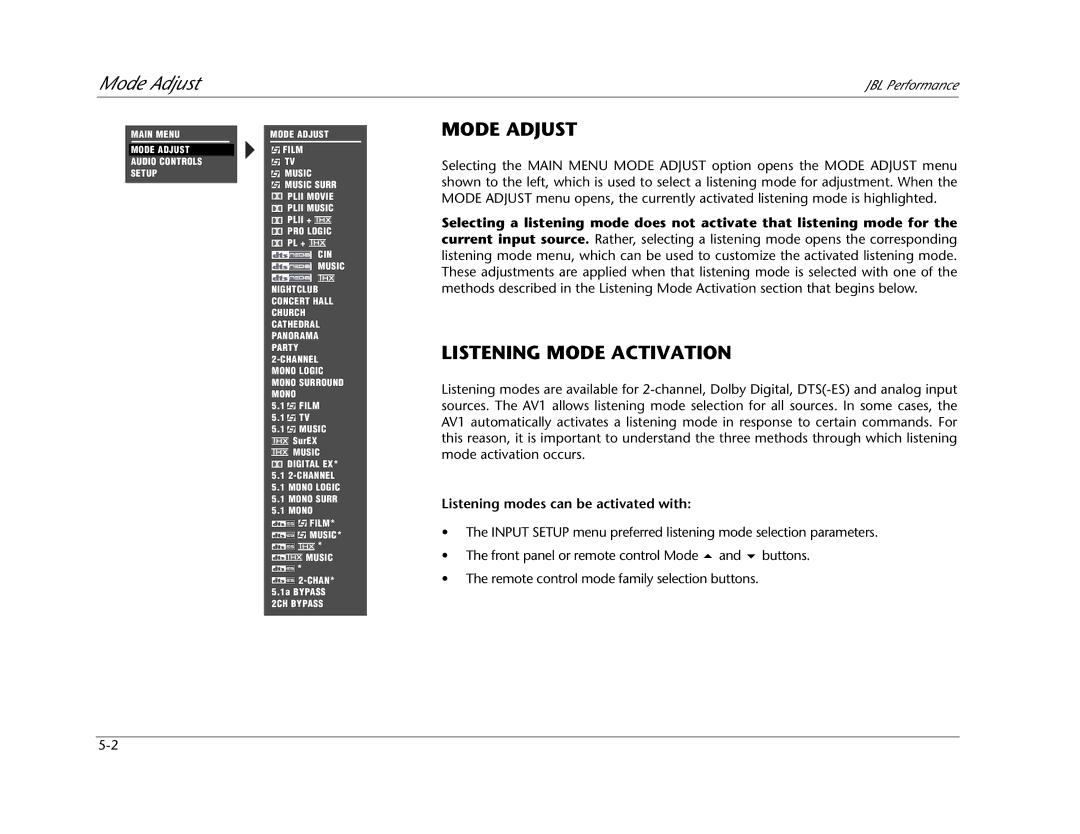 JBL AV1 manual Mode Adjust, Listening Mode Activation, Listening modes can be activated with 