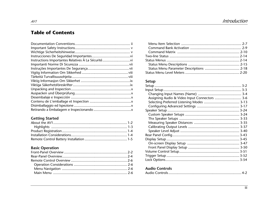 JBL AV1 manual Table of Contents 