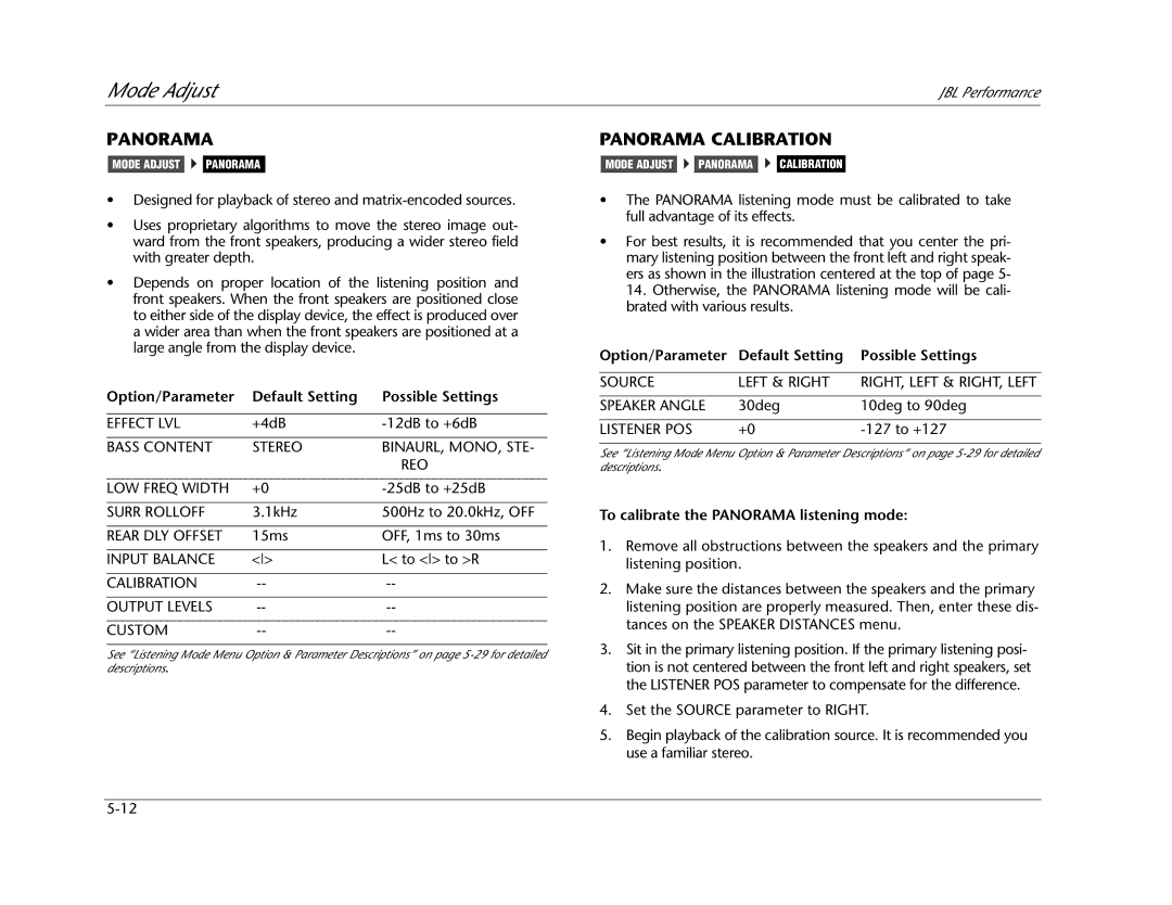 JBL AV1 manual Panorama Calibration, To calibrate the Panorama listening mode 