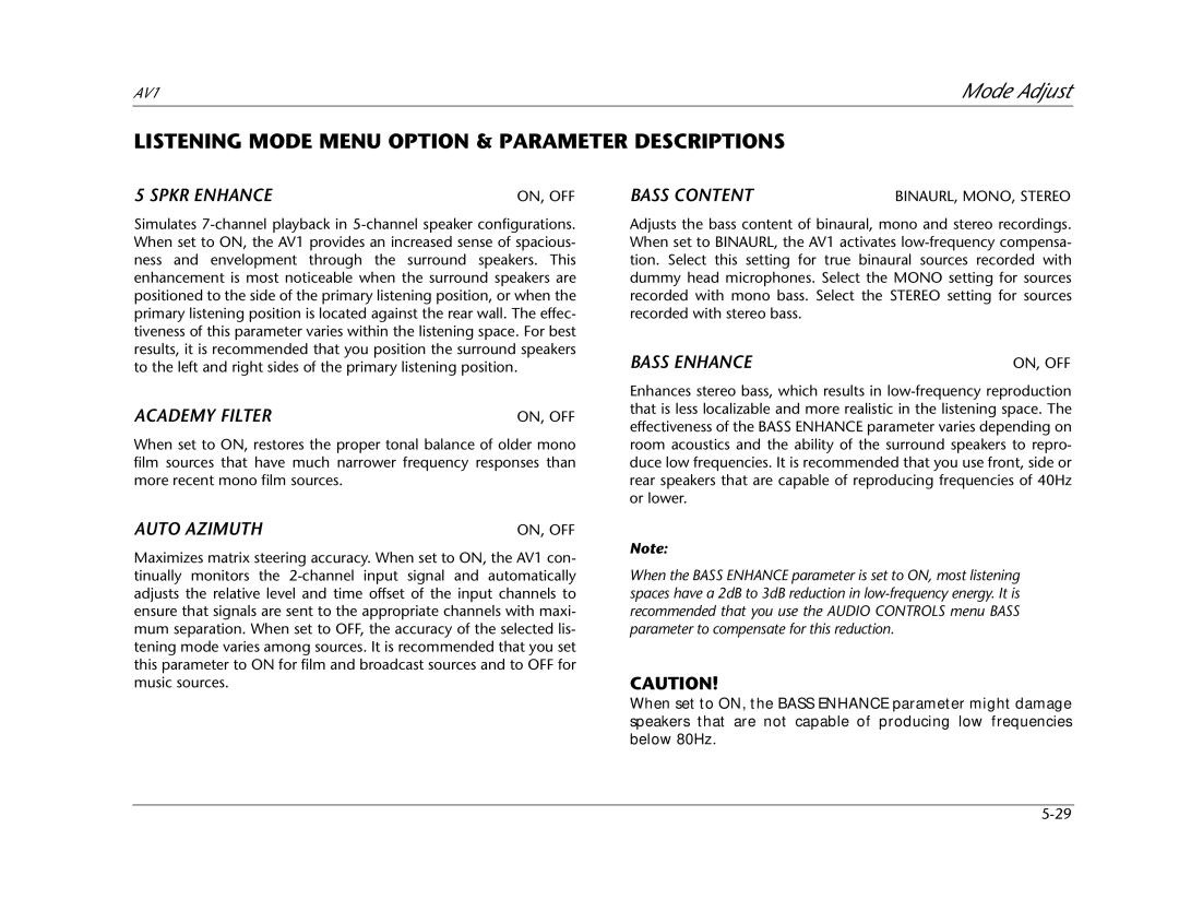 JBL AV1 manual Listening Mode Menu Option & Parameter Descriptions 