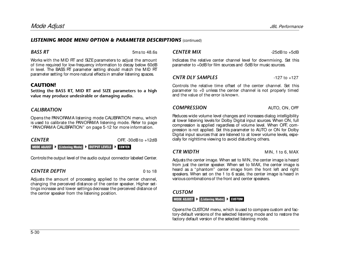 JBL AV1 manual Bass RT, Calibration, Center Depth, Center MIX, Cntr DLY Samples, Compression, CTR Width, Custom 
