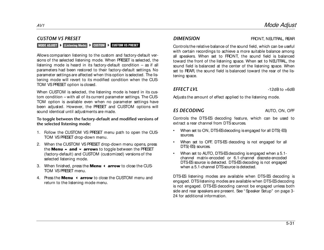 JBL AV1 manual Custom VS Preset, Dimension, Effect LVL, ES Decoding, Menu 