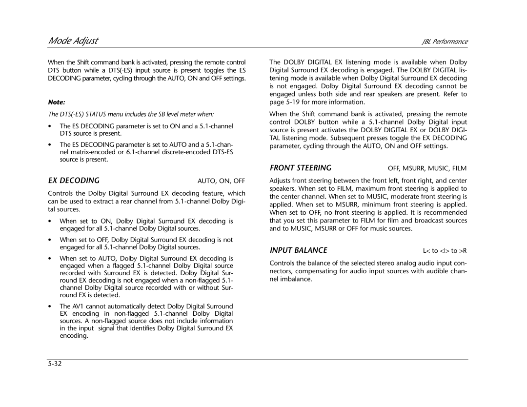 JBL AV1 manual EX Decoding, Front Steering, Input Balance 