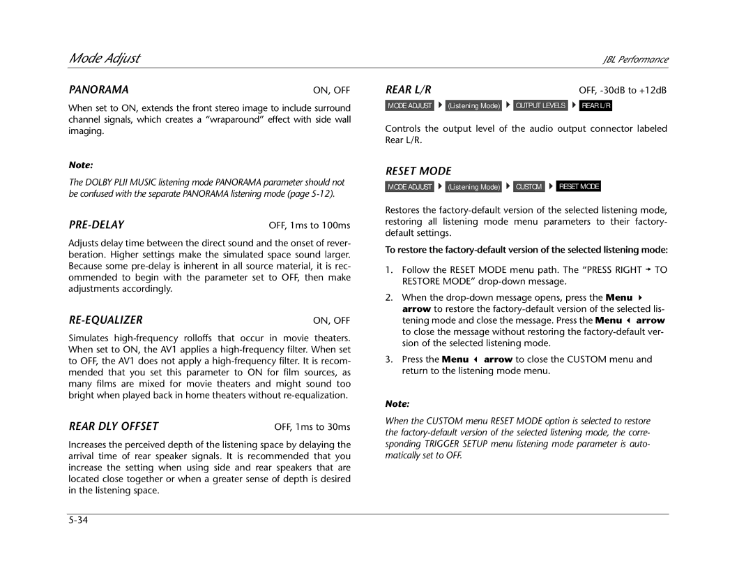 JBL AV1 manual Panorama, Pre-Delay, Re-Equalizer, Rear DLY Offset, Reset Mode 